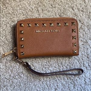 Michael Kors Brown Saffiano Studded Selma Wristlet